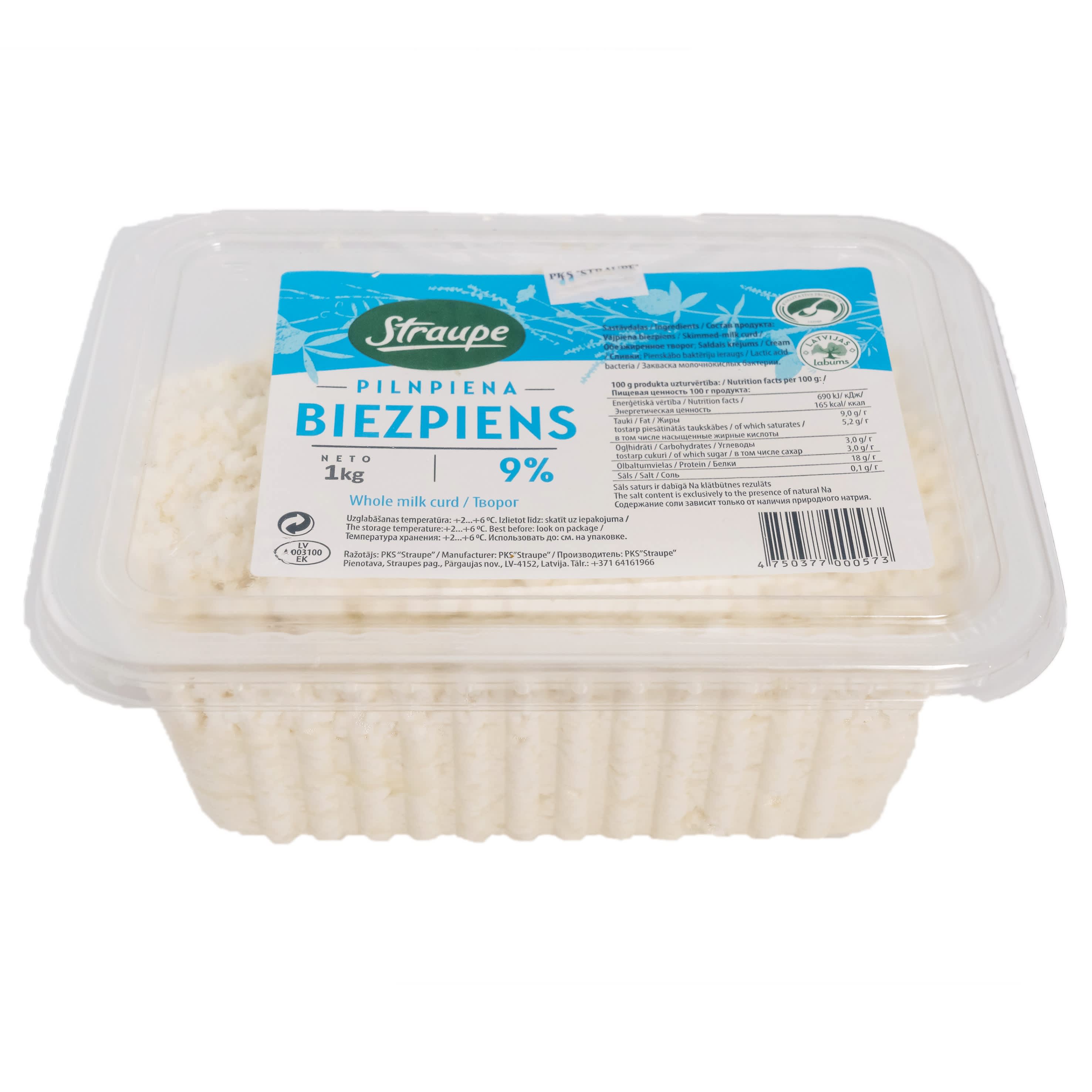 Pilnpiena biezpiens Straupe 9% 1kg