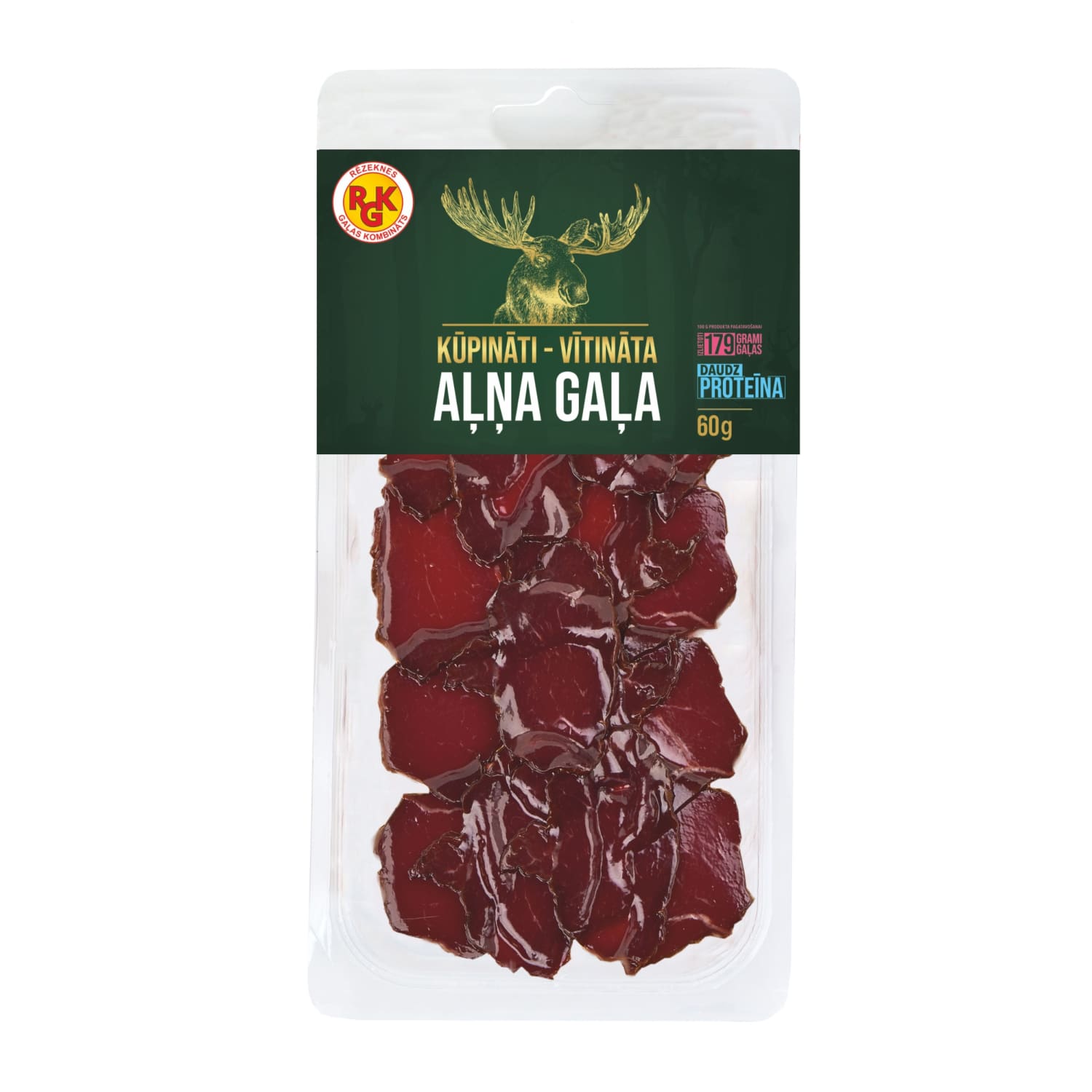 Aļņa gaļa kūpināta - vītināta, šķēlēs 60g