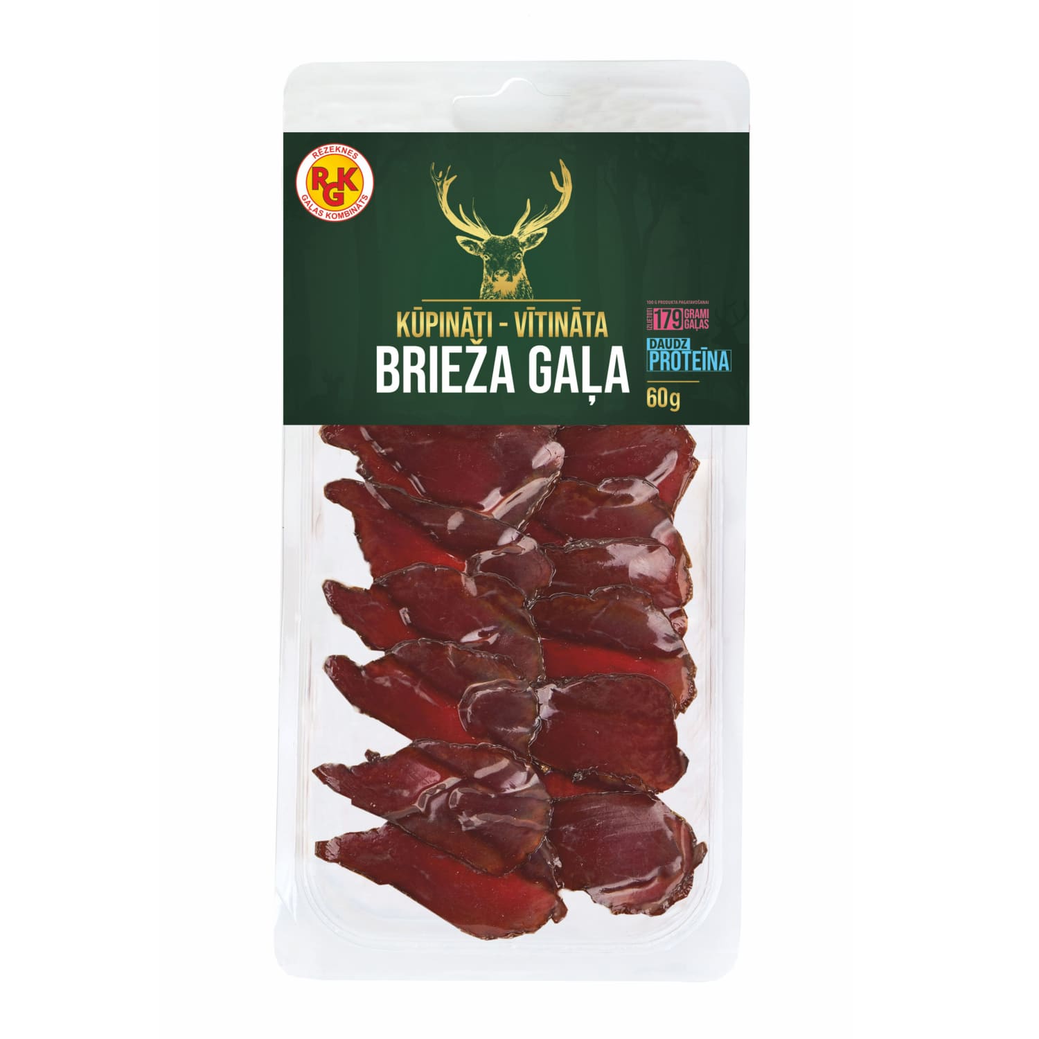 Brieža gaļa kūpināta - vītināta, šķēlēs 60g