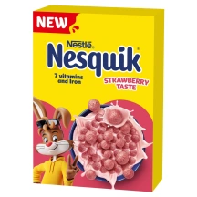Braškių skonio pusryčių dribsnių rutuliukai su vitaminais ir geležimi NESTLE NESQUIK STRAWBERRY, 330 g