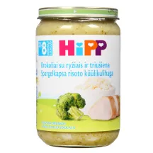Brokolių tyrelė HIPP su ryžiais ir triušiena, nuo 8 mėn., 220 g