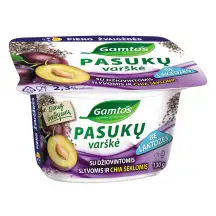 GAMTOS pasukų varškė su džiovintomis slyvomis ir CHIA sėklomis, be laktozės, 2,3 % rieb., 130 g