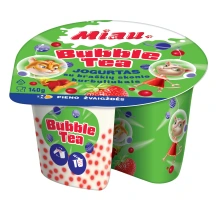 Jogurtas MIAU su braškių ir juododios arbatos skonioburbuliukais BUBBLE TEA, 3 % rieb., 140 g