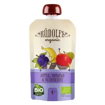 Ekologiška obuolių, bananų ir mėlynių tyrelė RŪDOLFS, nuo 4 mėn, 110 g