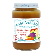 Obuolių, slyvų ir morkų tyrelė MARMALUZI, 6 mėn., 190 g