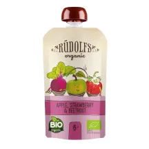 Ekologiška obuolių, braškių ir burokėlių tyrė RŪDOLFS, 6 mėn.+, 110 g