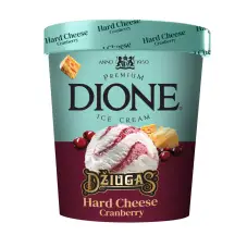 Valgomieji vaniliniai ledai DIONE su kietu DŽIUGO sūriu ir spanguolėmis, 475 ml /376 g