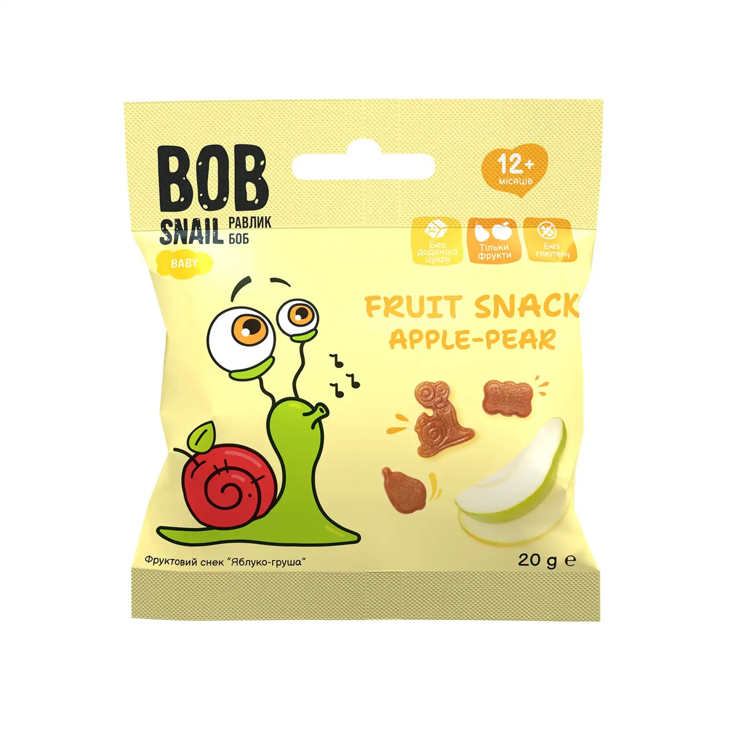 Obuolių kriaušių užkandis BOB SNAIL, 20 g