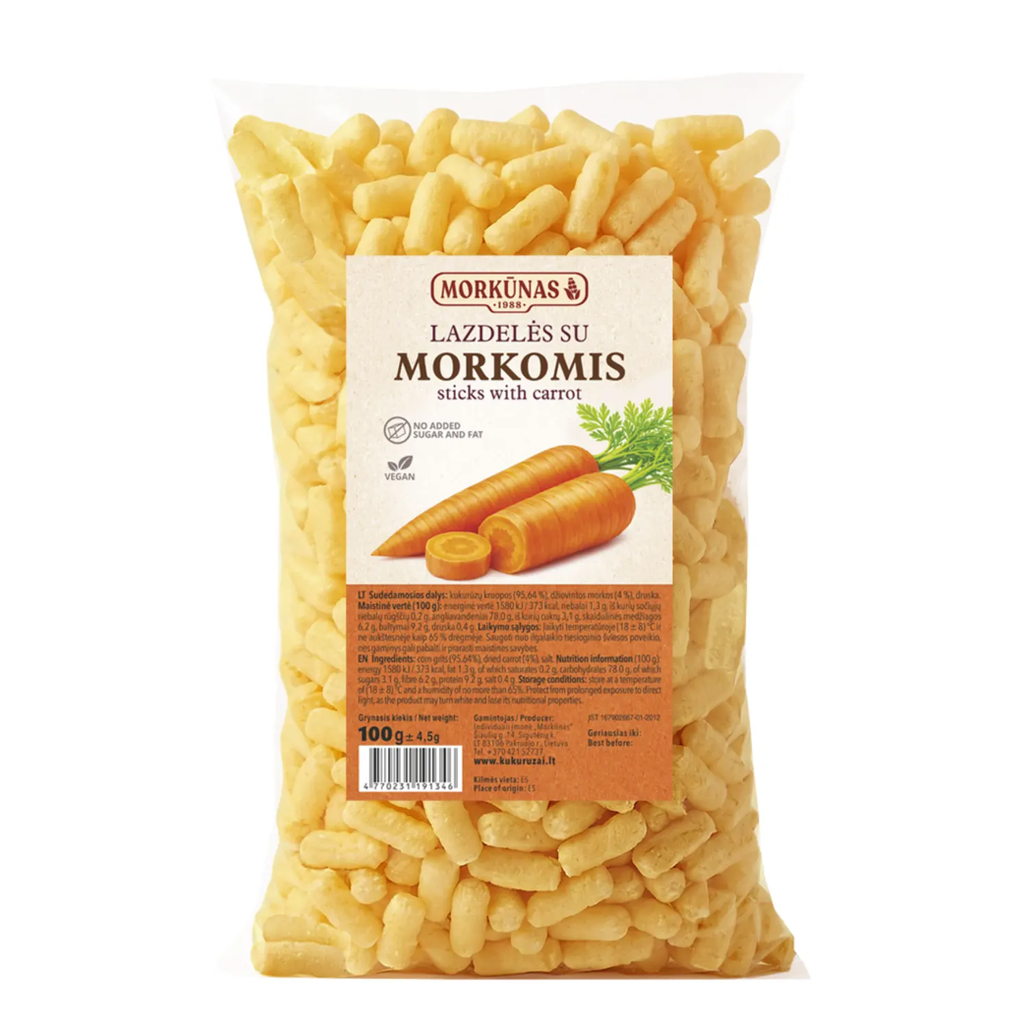 Kukurūzų lazdelės su morkomis MORKŪNAS, 100 g