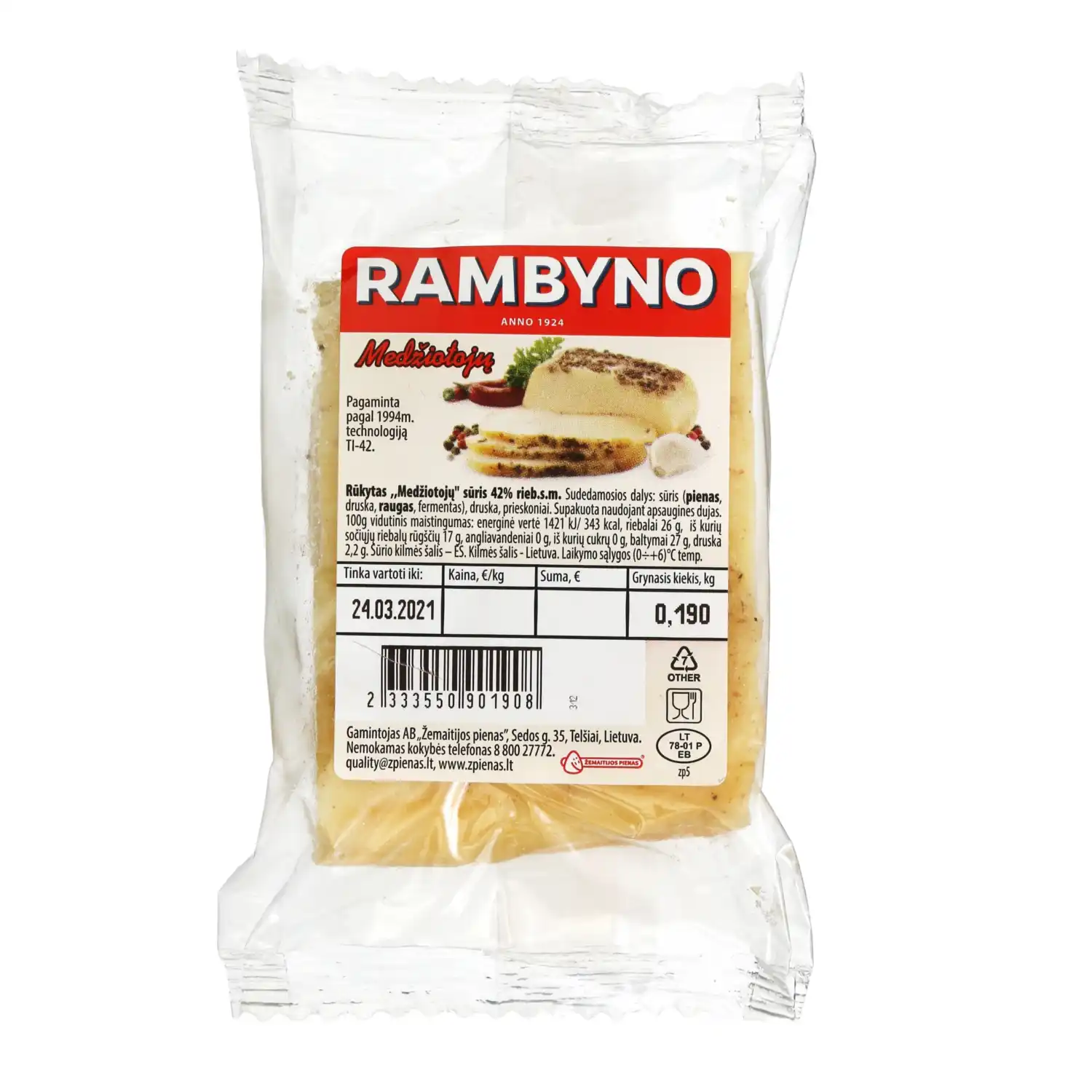 Rūk. RAMBYNO MEDŽIOTOJŲ sūris, 42% rieb., 1kg