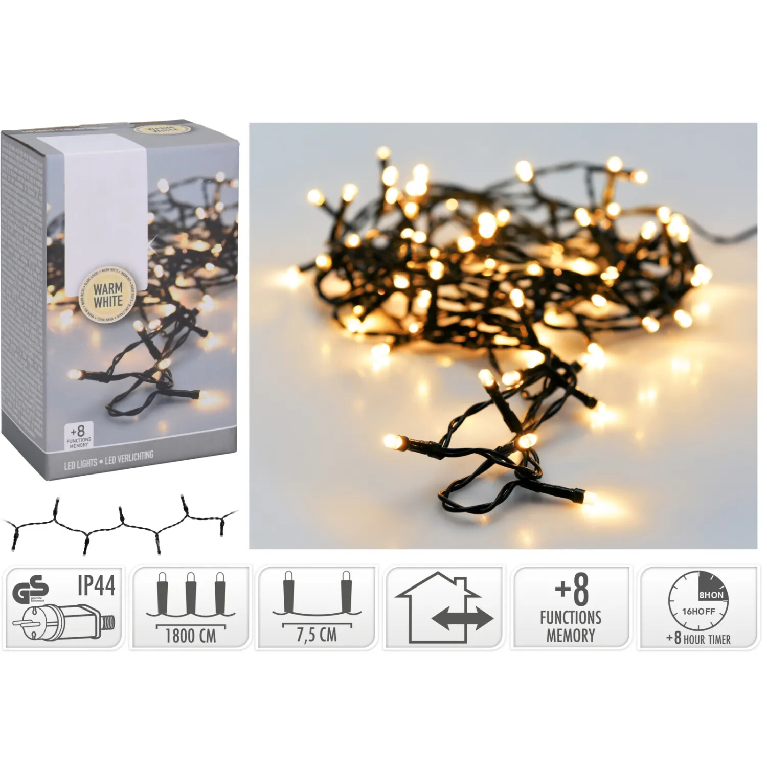 Gaismas virtene 240 LED silti balta CH26