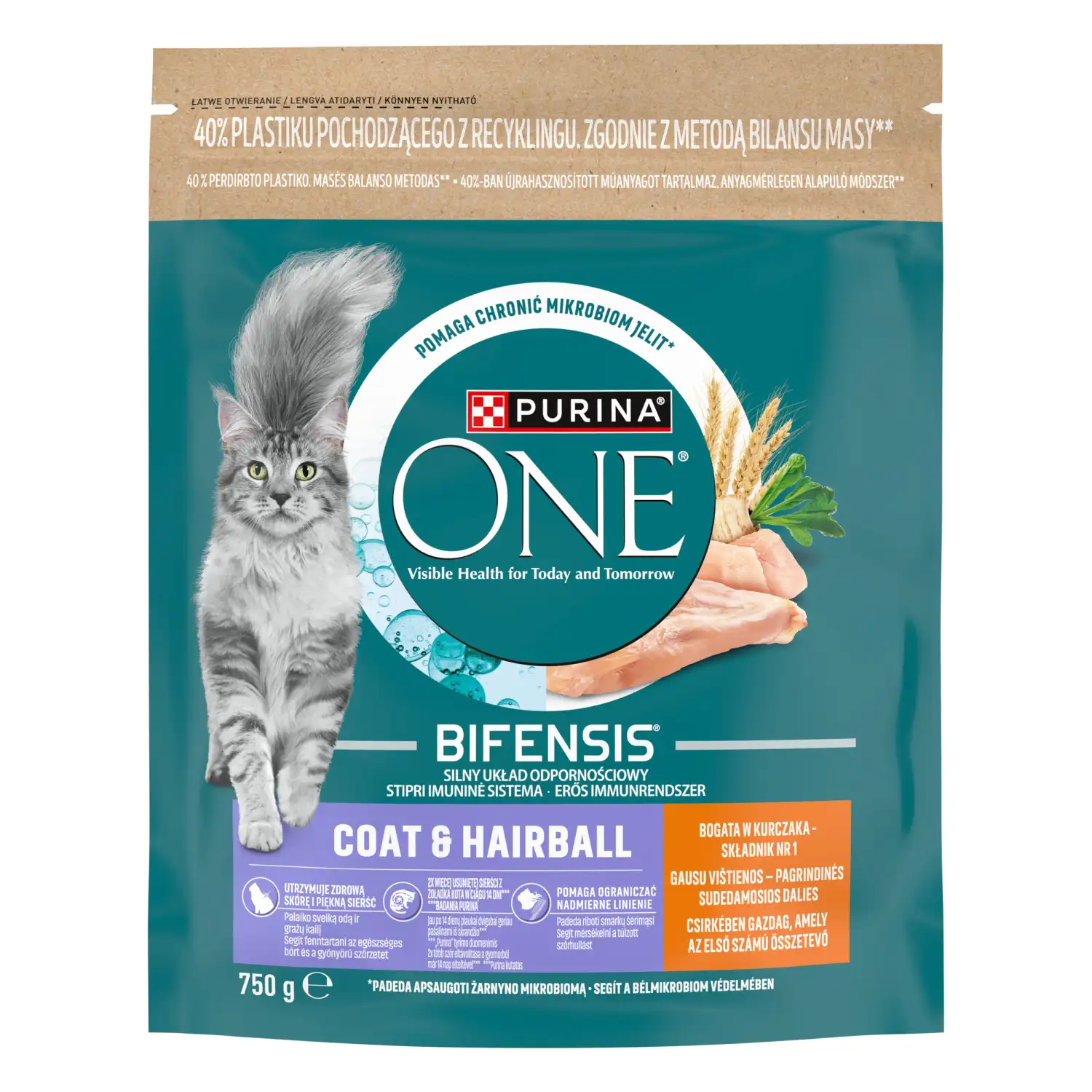 Kaķu bar.Purina One Coat&Hairb. ar vistu 750g