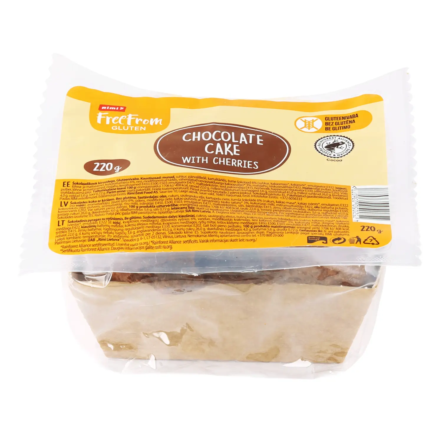 Šokolādes kūka Rimi Free From ar ķiršiem 220g
