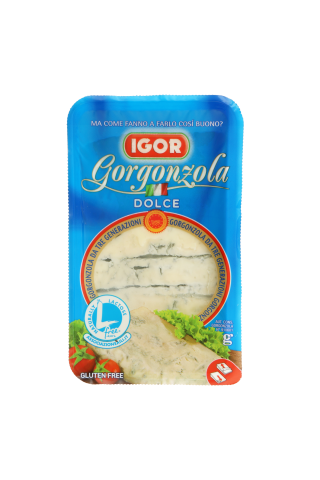 Pelējuma ietekmē nogatavināts siers gorgonzola dolce, tauku saturs sausnā – 48 %, beztauku daļas mitrums – 66 %