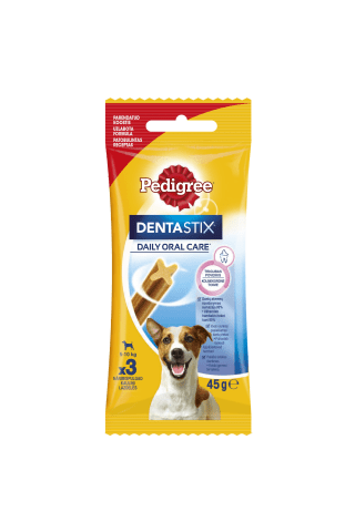 Kramtalai mažų veislių suaugusiems šunims ir vyresniems nei 4 mėnesių amžiaus šuniukams PEDIGREE DENTASTIX, 3 vnt, 45 g