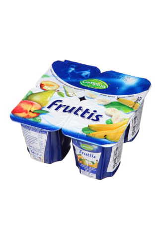 Saldintas termiškai apdorotas raugintas pieno gaminys persikų, kriaušių ir bananų skonių gaminys FRUTTIS 4,6% rieb., 125 g