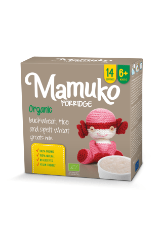 Ekologiškų spelta kviečių, grikių ir ryžių kruopyčių mišinys MAMUKO, 6 mėn, 240 g