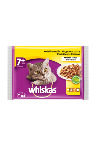 Konservuotas ėdalas WHISKAS katėms nuo 7 metų, paukštienos rinkinys, 4 vnt x 100 g