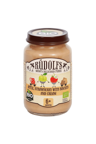 Bērnu bioloģiskais biezenis "Rūdolfs" Ābols un zemene ar cepumiem un saldo krējumu, 190g