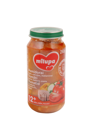 Milupa tomāti, tuncis, kabacis, makaroni 12m, 250g