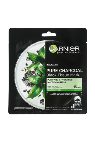 Sejas maska Garnier Pure Charcoal ar melnās tējas lapām, auduma