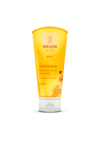 Šampūnas ir kūno prausiklis kūdikiams su medetkomis WELEDA CALENDULA, 200 ml