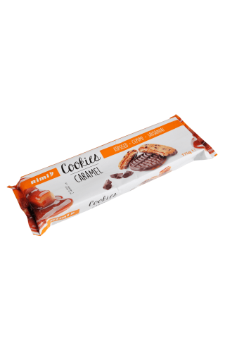 Sausainiai su 20% karamelės įdaru, 20% pieniško šokolado ir 8% juodojo šokolado gabaliukais RIMI CARAMEL, 175 g