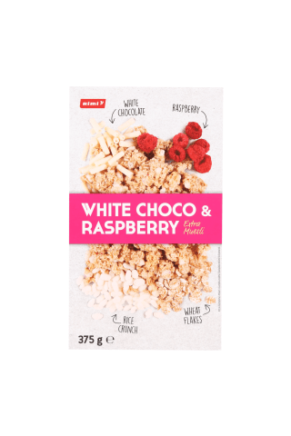 Traškūs dribsniai RIMI EXTRA WHITE CHOCOLATE and RASPBERRY 375 g
