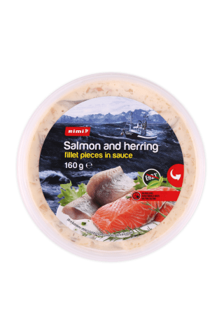 Lašišų ir silkių filė gabaliukai padaže Rimi 160G