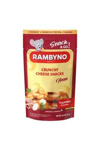 Kausēta kūpināta siera uzkoda rambyno ar šķiņķi, 45%, 75g