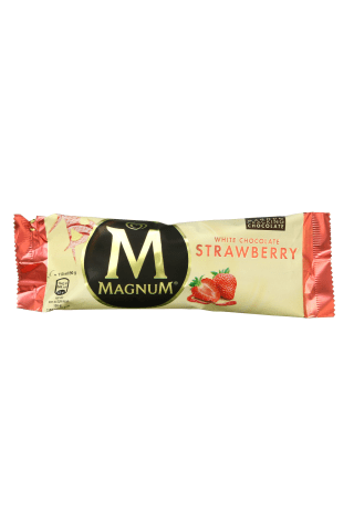 Braškiniai valgomieji ledai su braškių įdaru ir baltuoju šokoladu MAGNUM, 110 ml