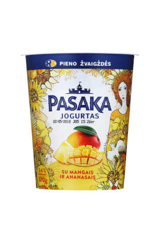Švelnus jogurtas su mangais ir ananasais PASAKA, 2,5% riebumas, 370g