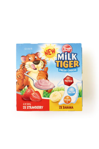 Deserts Milk Tiger svaigā siera 4x50g zemeņu, banānu